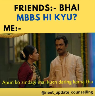 NeetUpdate's tweet photo. Life me daring karna tha toh MBBS le lia 😎
#SatyaPremKiKatha https://t.co/lTMLzW0yav