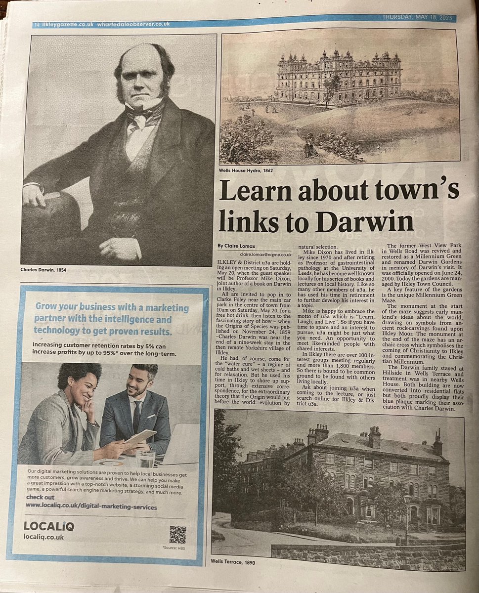 Ilkley & District u3a (@ilkleyu3a) on Twitter photo 📰 Do you have a copy of this week's <a href="/IlkleyGazette/">Ilkley Gazette</a> ? If so, look out for the feature on our talk - this Saturday! - about Charles Darwin's Ilkley connections
👉 Sat 20 May, 10am-12 noon, @Cfilkley, #Ilkley
📰 Non-members welcome!
👉 More info: ilkleyu3a.org/event-5135200 📰 Do you have a copy of this week's <a href="/IlkleyGazette/">Ilkley Gazette</a> ? If so, look out for the feature on our talk - this Saturday! - about Charles Darwin's Ilkley connections
👉 Sat 20 May, 10am-12 noon, @Cfilkley, #Ilkley
📰 Non-members welcome!
👉 More info: ilkleyu3a.org/event-5135200