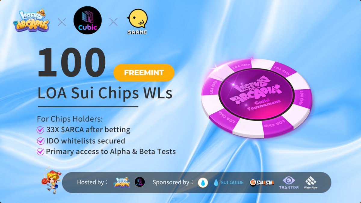 🎉<a href="/cubicgamesxyz/">Cubic 🎮</a> x <a href="/LegendofArcadia/">Legend of Arcadia I GACHA BALL S3 PRESALE 🔜</a> x <a href="/Saame_app/">SAAME</a> Collab!

 #Giveaway 100 #Whitelists of LOA #SUI Chip NFTs! 🎁 #Freemint with WLs

Get Chips and share 1200 $SUI &amp; 2,000,000 $ARCA
✅ Join us: shorturl.at/hDNR6

👉 About LOA Chips: bit.ly/3Bw4vug