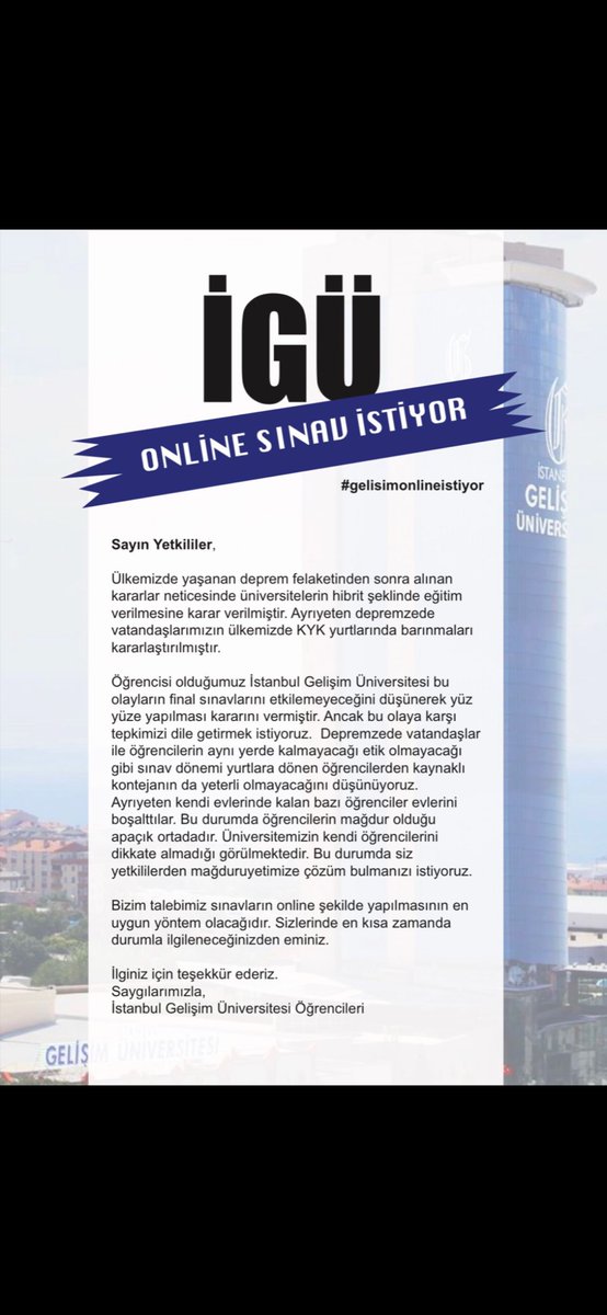 Alioztekinn02's tweet photo. Yurtlarından çıkışlarını veren binlerce öğrenciniz finallerin online olması durumunda madur olacaktır , Okulumuzdan kararını gözden geçirmesini istiyoruz 
#gelisimunionlineistiyor @gelisimedu @gayretlioffical @Ykskgrtm @erolozvar https://t.co/g8eodp1CME