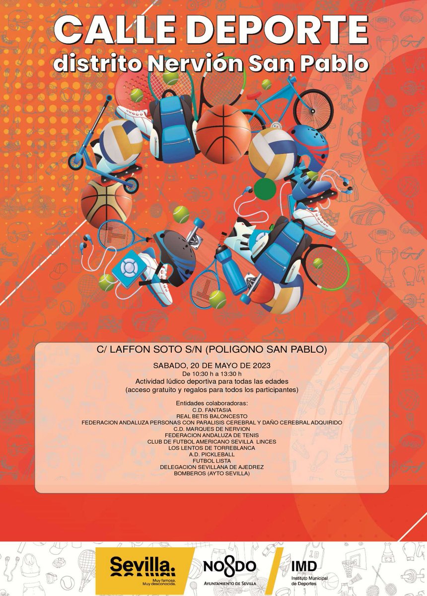 IMDSevilla's tweet photo. Hoy te esperamos en #CalleDeporte en #tuDistrito Nervión San Pablo.
Hasta las 10:30 estaremos en la avda. Doctor Laffón Soto con propuestas muy divertidas.
✅Sin inscripción previa
✅Gratuita
✅Regalo (hasta fin de existencias) al completar 4 postas.
https://t.co/aXyH2rNd2Q https://t.co/Tiu7yaTSYQ