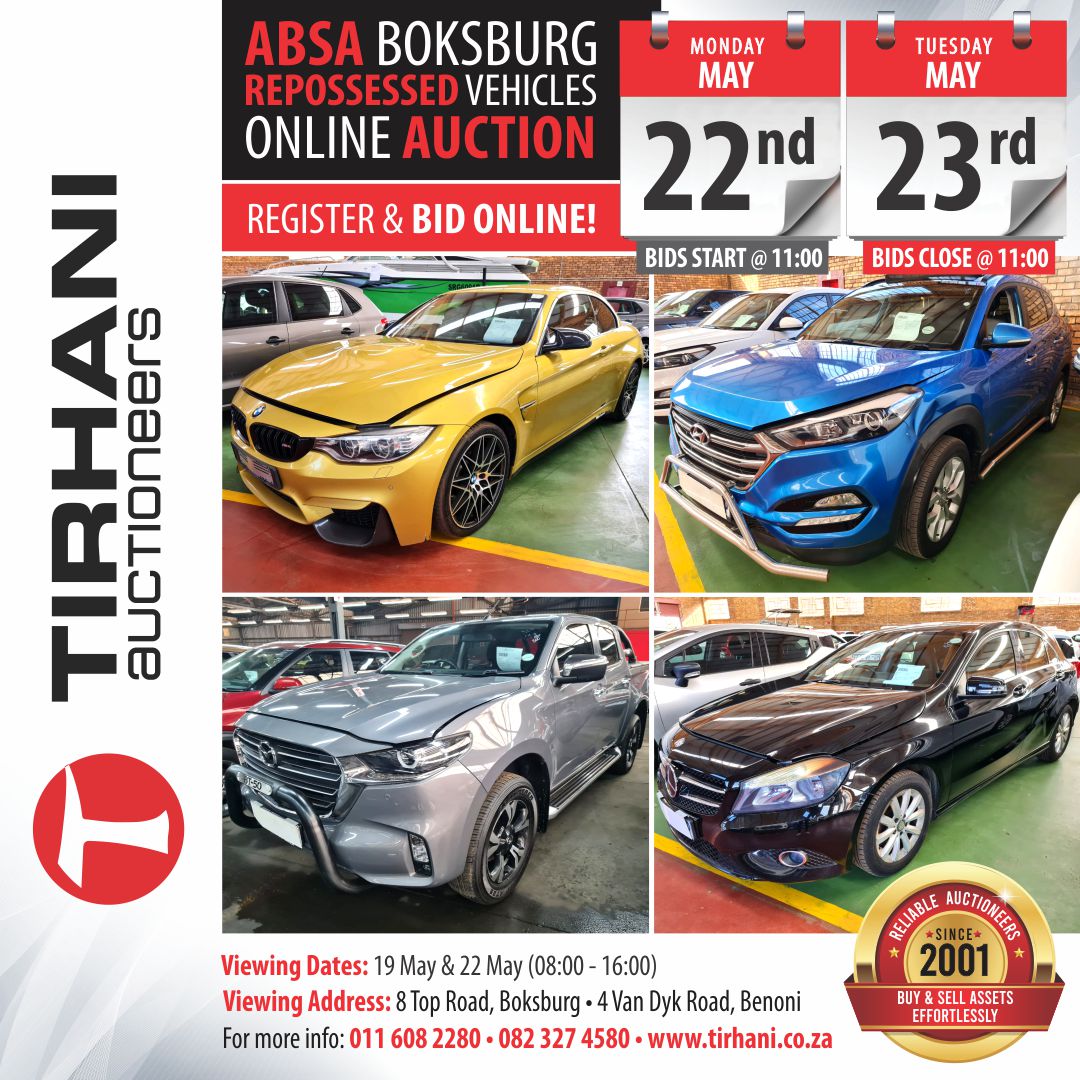 TirhaniAuctions's tweet photo. Absa Repossessed Vehicles Online Auction - Boksburg
Register &amp; Bid Online! https://t.co/aZrfMPLoQQ