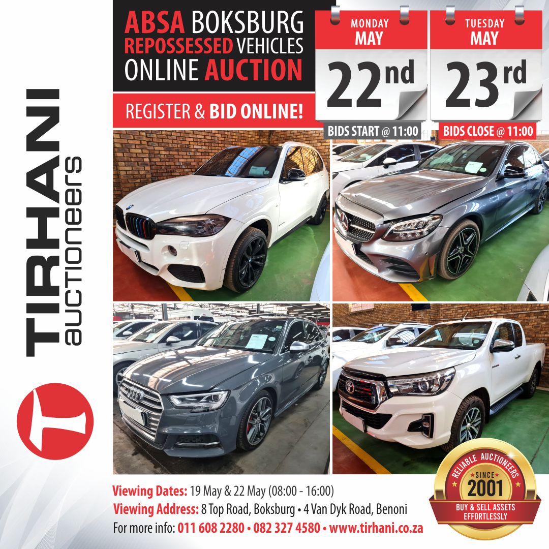 TirhaniAuctions's tweet photo. Absa Repossessed Vehicles Online Auction - Boksburg
Register &amp; Bid Online! https://t.co/aZrfMPLoQQ