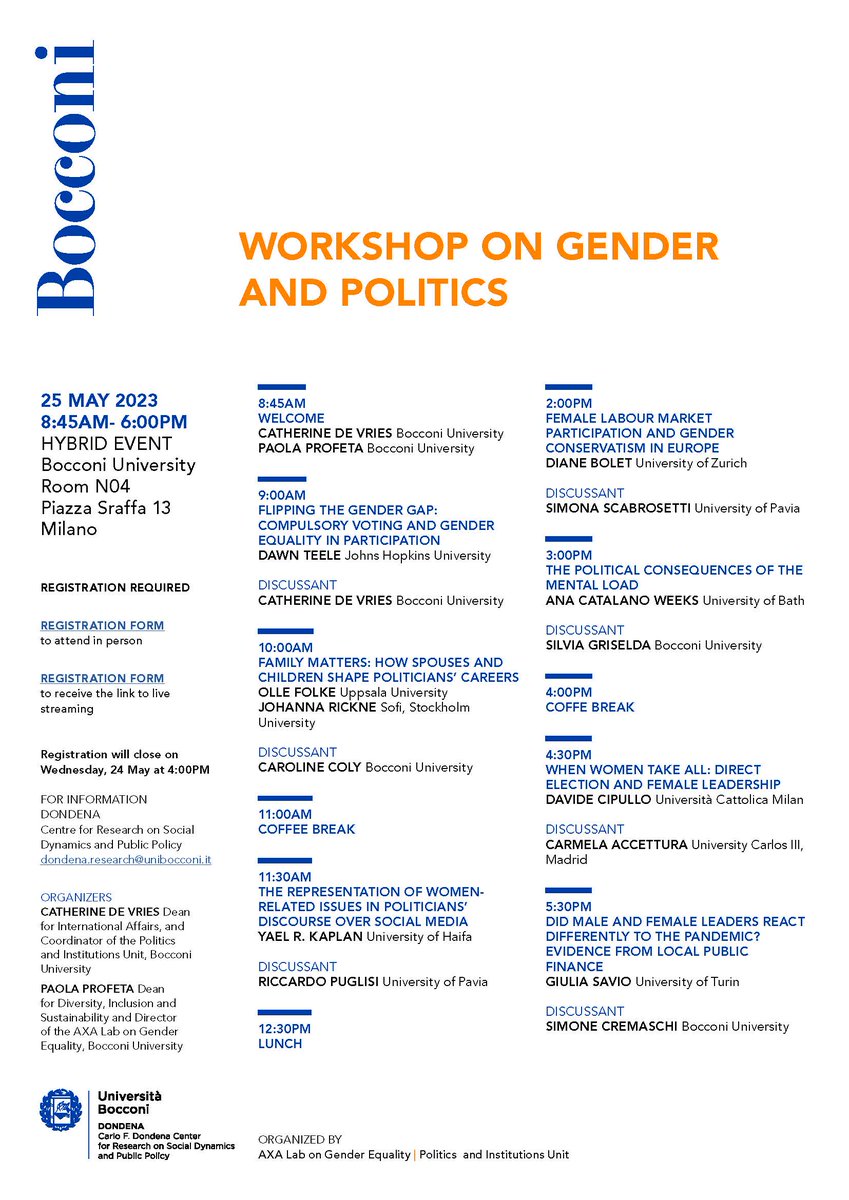 📢 Join us on May 25th for an inspiring Workshop on Gender and Politics! 🌍💪

📅 Date: May 25, 2023 
⏰ Time: 8:45AM-6:00PM 

🌐 Hybrid Event: Attend in-person or join us online!
<a href="/AXAResearchFund/">AXA Research Fund</a> <a href="/AXAItalia/">AXA Italia</a> <a href="/Unibocconi/">Università Bocconi</a> 
<a href="/IsabelBergeron/">isabelle bergeron</a> <a href="/GiorgiaFreddi/">giorgia freddi</a> <a href="/Paola_Profeta/">Paola Profeta</a>