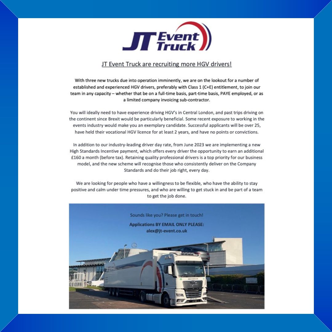 JT Event Truck are recruiting more HGV drivers! If you would like to join our brilliant team, get in touch! 

 #jteventtruck #eventprofs #eventlogistics #eventtransport #hgvsolutions #transportsolutions #events #eventfreight #eventhaulage #fullproduction