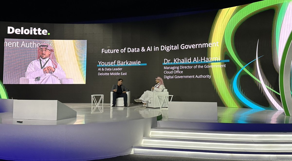 Happening now on our main stage at #ExperienceAnalytics2023! 🎤 Dr. Khaled Al-Hazmi, Managing Director of the Government Cloud Office DGA, and Yousef Barkawie, Deloitte Middle East AI & Data leader, are discussing the “Future of Data & AI in Digital Government”. #PowerofAI