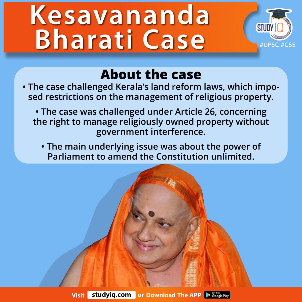 upsciq's tweet photo. Kesavananda Bharati Case

#kesavanandabharaticase #kerala #lawsreform #religiousproperty #article26 #propertycase #powerofparliament #constitutionofindia #constitutionalbench #supremecourt #parliament #basicstructure #indianjudiciary #indianconstitution #upsc #cse #ips #ias https://t.co/j5Xu967JRs
