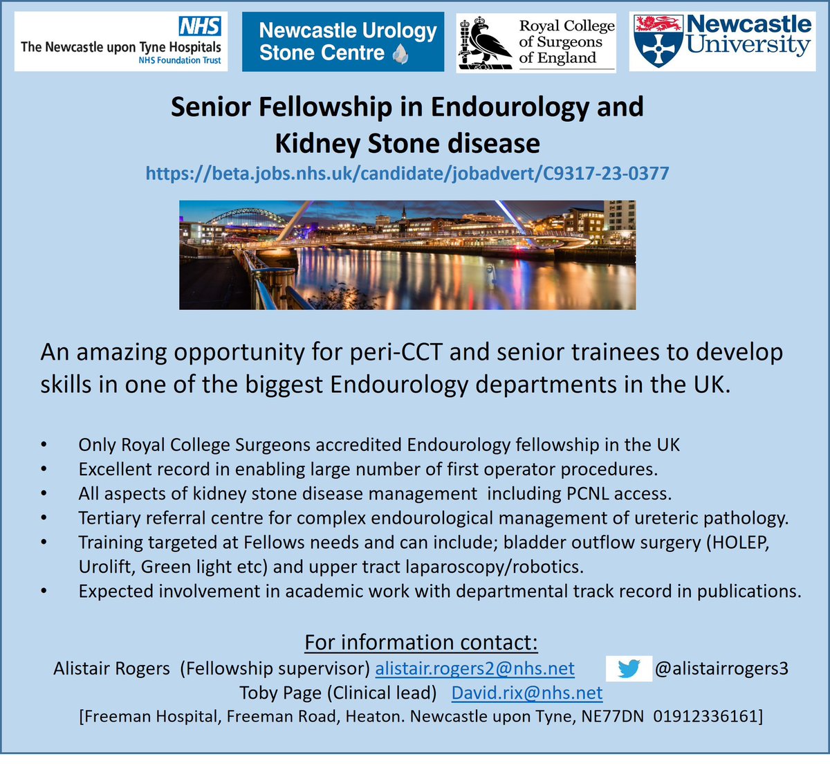 Newcastle Endourology & Stone peri-CCT Fellowship now out. @RCSnews accredited. Great place, great team, great training. #goteamendo -> please RT so trainees know. Thx. beta.jobs.NHS.uk/candidate/joba… @mbkshaw @DrAngusLuk @rajan_vpillay @stingrai78