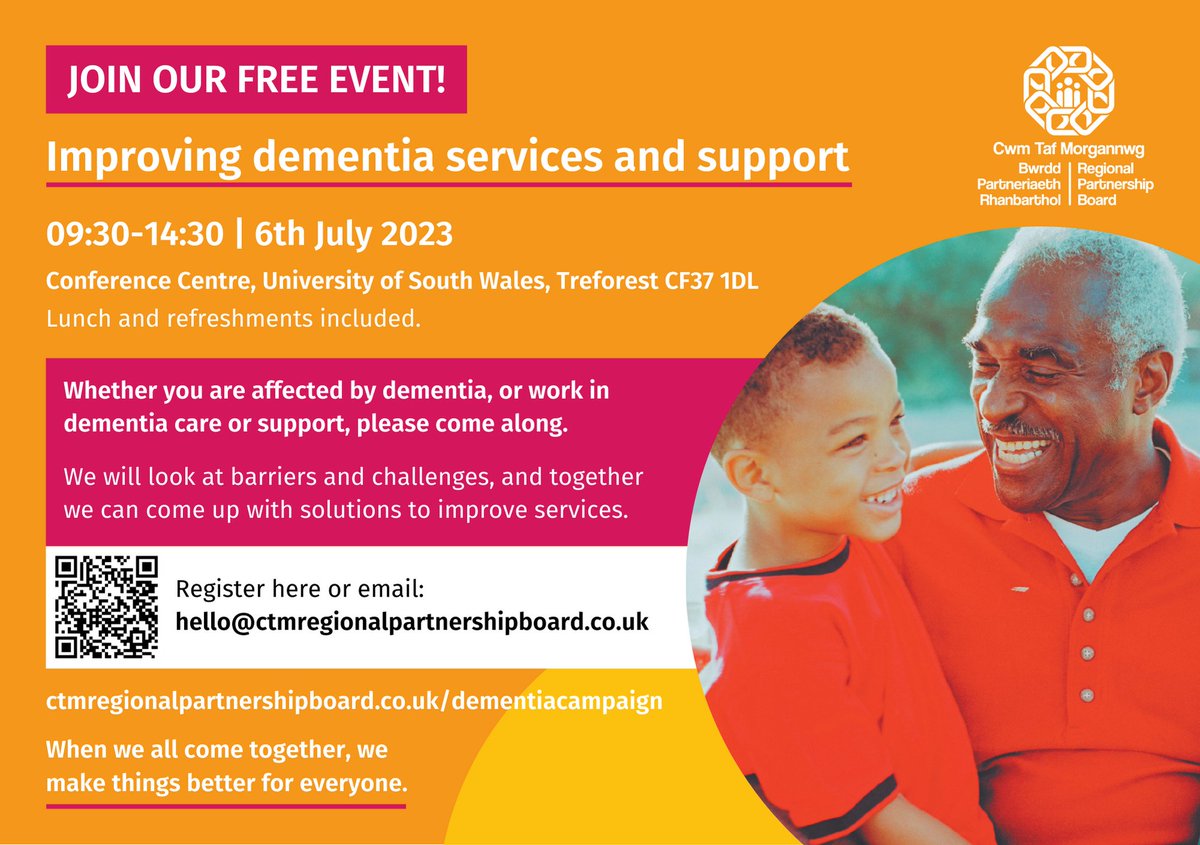 Join our free event! 

Whether you are affected by dementia, or work in dementia care or support, please come along.

We will look at barriers and challenges, and together we can come up with solutions to improve services.

Sign up here

bit.ly/439bYLC

#DAW23