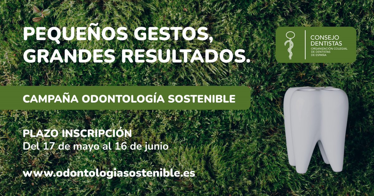 Consejo General de Dentistas de España (@cnsj_dentistas) on Twitter photo 🍃🦷 El <a href="/CNSJ_Dentistas/">Consejo General de Dentistas de España</a> y la Fundación Dental Española han puesto en marcha una campaña para promover la Odontología sostenible en las clínicas dentales de nuestro país.
Los interesados ya pueden inscribirse en la web odontologiasostenible.es hasta el 16 de junio. 🍃🦷 El <a href="/CNSJ_Dentistas/">Consejo General de Dentistas de España</a> y la Fundación Dental Española han puesto en marcha una campaña para promover la Odontología sostenible en las clínicas dentales de nuestro país.
Los interesados ya pueden inscribirse en la web odontologiasostenible.es hasta el 16 de junio.