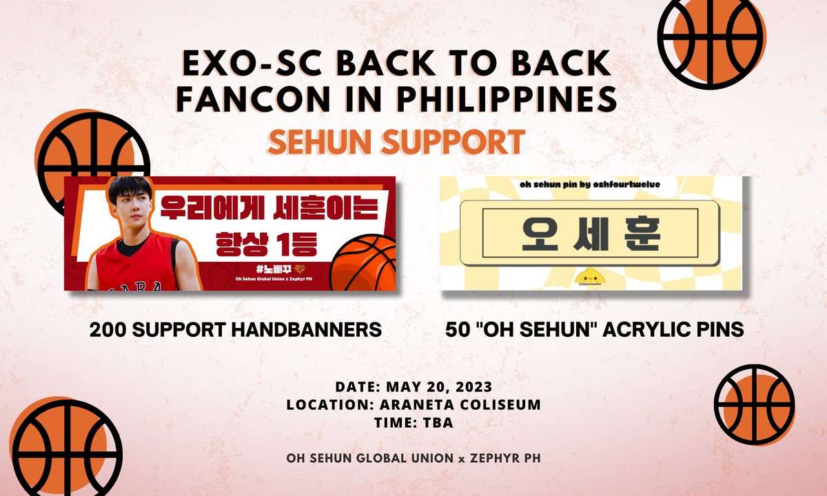 OhSehunGlobal's tweet photo. 𝐄𝐗𝐎-𝐒𝐂 ‘𝐁𝐀𝐂𝐊 𝐓𝐎 𝐁𝐀𝐂𝐊’ 𝐅𝐀𝐍𝐂𝐎𝐍 𝐈𝐍 𝐌𝐀𝐍𝐈𝐋𝐀🇵🇭
✨SEHUN SUPPORT✨
@OhSehunGlobal x @zephyrph_

🧡 200 Hand banners
(Sehun will always be our No. 1)
🧡 50 "오세훈" Acrylic Pins

Let's raise these banners &amp; cheer for #SEHUN together. See you at the fancon! https://t.co/Pg6s9iGXP2