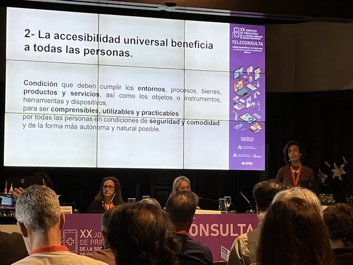La #accesibilidaduniversal beneficia a todas las personas. Condición que deben cumplir los entornos, procesos, productos y servicios. Lucía Pérez-Castilla #XXJornadadePrimavera #teleconsulta <a href="/sadecaandalucia/">Sadeca - Sociedad Andaluza de Calidad Asistencial</a> <a href="/calidadACSA/">Agencia de Calidad Sanitaria de Andalucía</a>