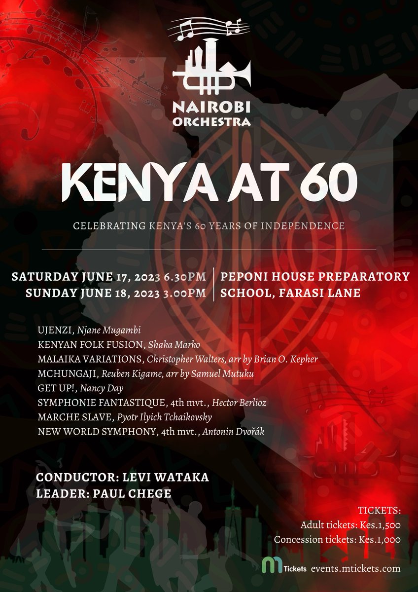 Save the date! In just one month, the Nairobi Orchestra will take the stage to celebrate Kenya's 60th anniversary of independence with a stunning symphonic performance.

Ticket: linktr.ee/nairobiorchest…

#nairobiorchestra #kenyaat60 #livemusic #classicalmusic #kenyanmusic