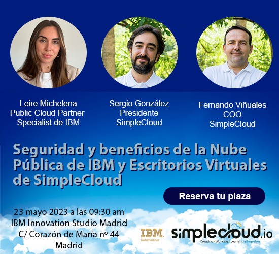 ☁️El Martes 23 de mayo expertos de <a href="/IBMcloud/">IBM Hybrid Cloud & Infrastructure</a> y <a href="/SimpleCloudio/">SimpleCloud</a> os invitan a conocer los beneficios de la nube pública y las tecnologías #DaaS (Desktop as a Service) y #VDI. Os esperamos en el IBM Innovation Studio Madrid. Date prisa y reserva tu plaza!  👉 hubs.la/Q01QlKTq0
