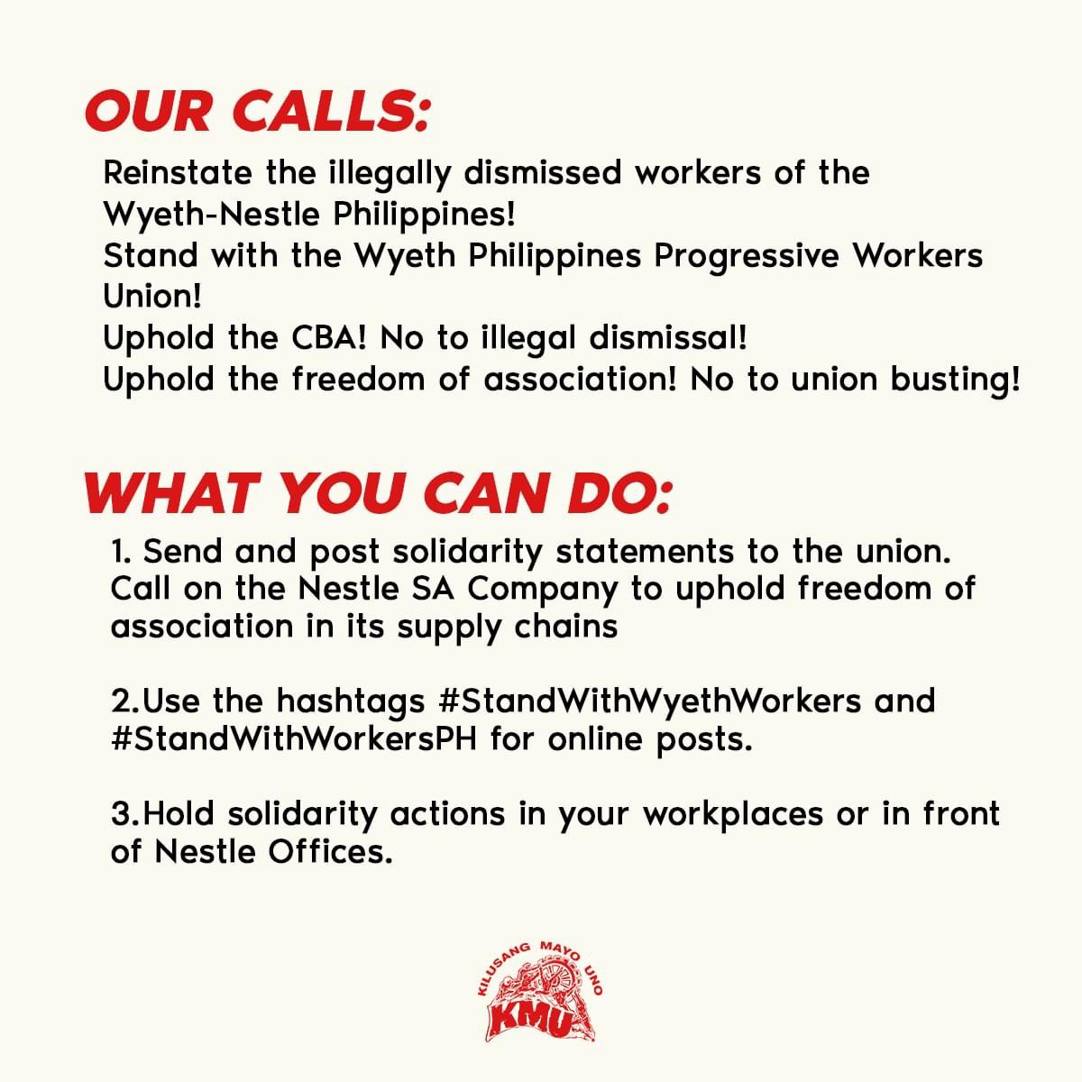 STAND WITH NESTLE-WYETH WORKERS!

The Wyeth Philippines Progressive Workers Union under the federation Drug, Food and Allied Industries (WPPWU-DFA-KMU) is the 64-year union in the Wyeth Nutrition Canlubang Factory.

#StandWithWyethWorkers #StandWithWorkersPH