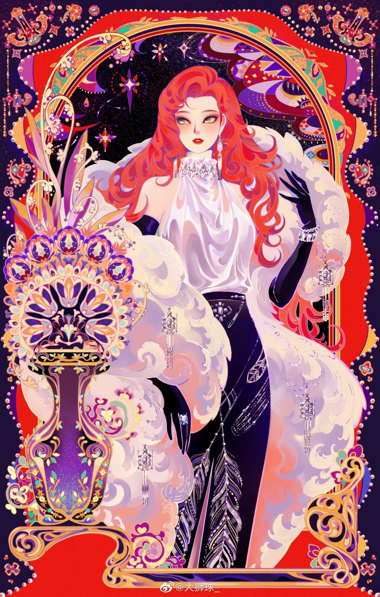1girl solo red hair gloves long hair jewelry green eyes  illustration images