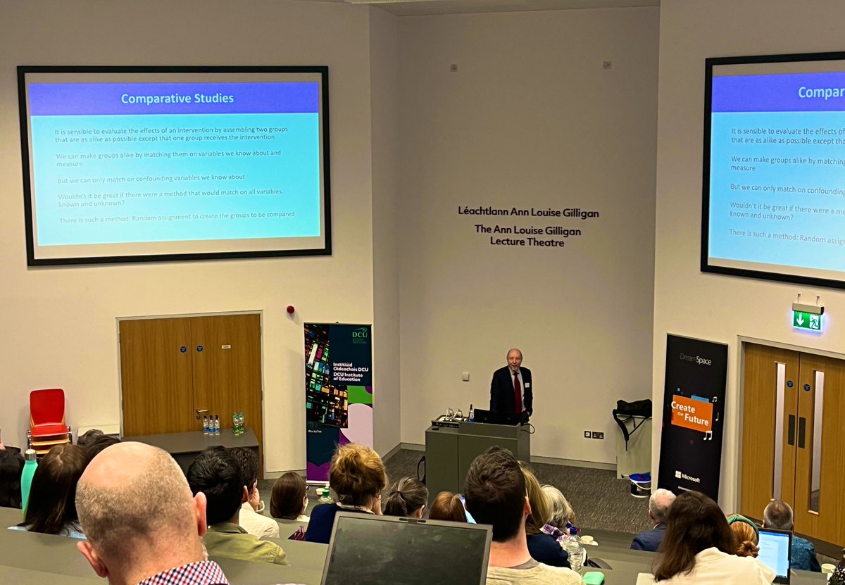 A stellar line-up here in @DCU_IoE to explore the use of randomised controlled trials in the Irish education system. Hearing now from the world renowned Prof Larry Hedges, who is sharing RCT lessons from the US. Congrats to the organisers for planning a great day of learning👏