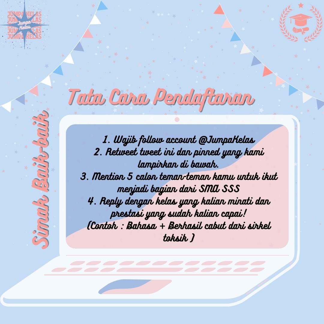 JumpaKelas's tweet photo. Dengan bangga, SMA SSS telah membuka pendaftaran khusus untuk calon siswa/i dengan Beasiswa Prestasi! Diharapkan calon siswa/i mengikuti regulasi yang berlaku. Jalur admisi akan dibuka dari Kamis, 18 Mei pukul 17.00–Jumat, 19 Mei pukul 18.00! Selamat bergabung di SMA SSS! https://t.co/4edLondbQB