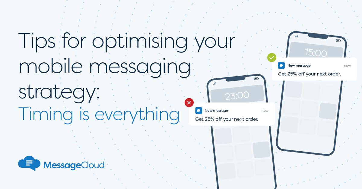 MyMessageCloud's tweet photo. Mobile Messaging Optimisations Tip #5 Timing is everything in mobile marketing. Sending your message at the right time can mean the difference between a successful campaign and one that falls flat. Think about your audience and message when deciding when to send your campaign. https://t.co/tE4xDZlIhM