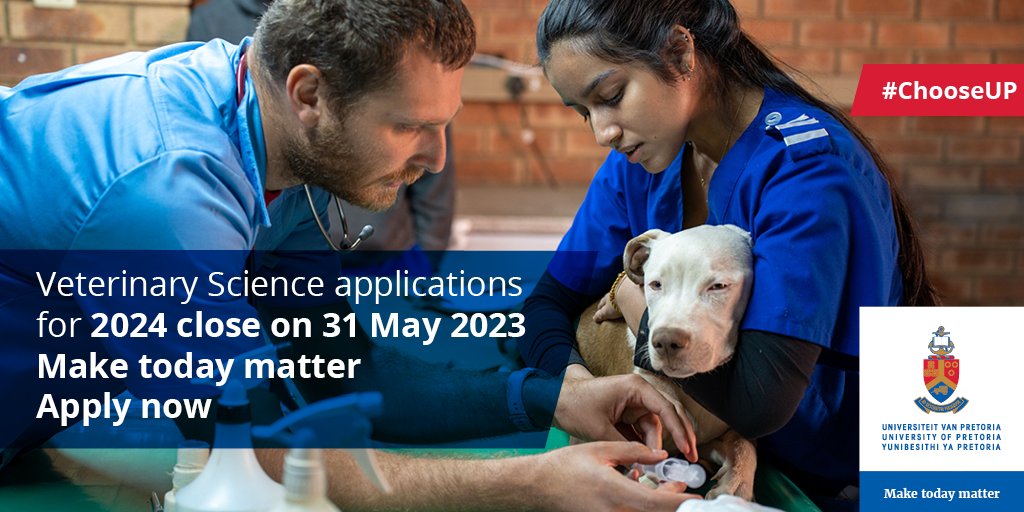 APPLY TODAY: #ChooseUP &amp; start your Veterinary Science journey at UP, home of Africa’s top Vet Science faculty. Undergraduate applications for <a href="/OPtuks/">OP Vets at UP</a>  programmes close on 31 May 2023. No late applications will be accepted. Apply now: up.ac.za/online-applica… 

#UPApplications2024
