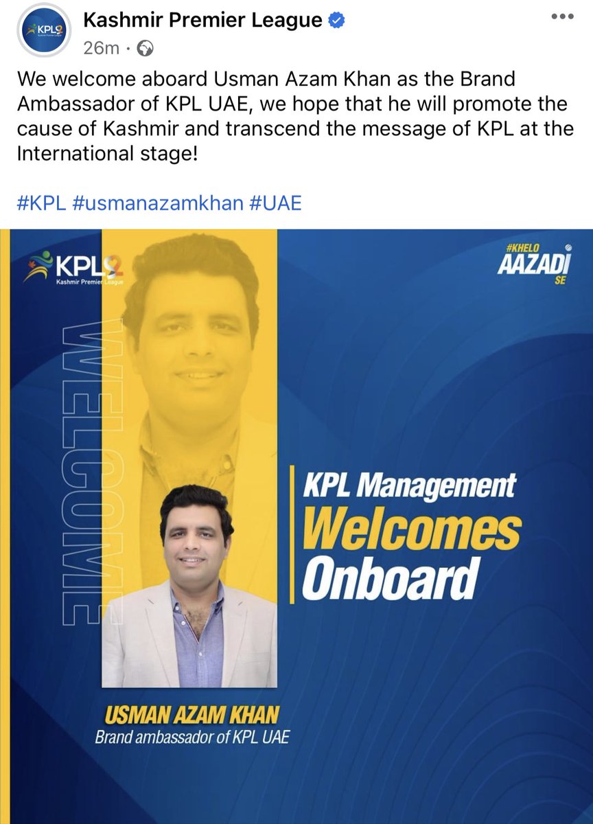 Thanks to <a href="/kpl_20/">Kashmir Premier League</a> &amp; Mr. Shahzad Akhtar (CEO KPL). #kpl #usmanazamkhan #uae