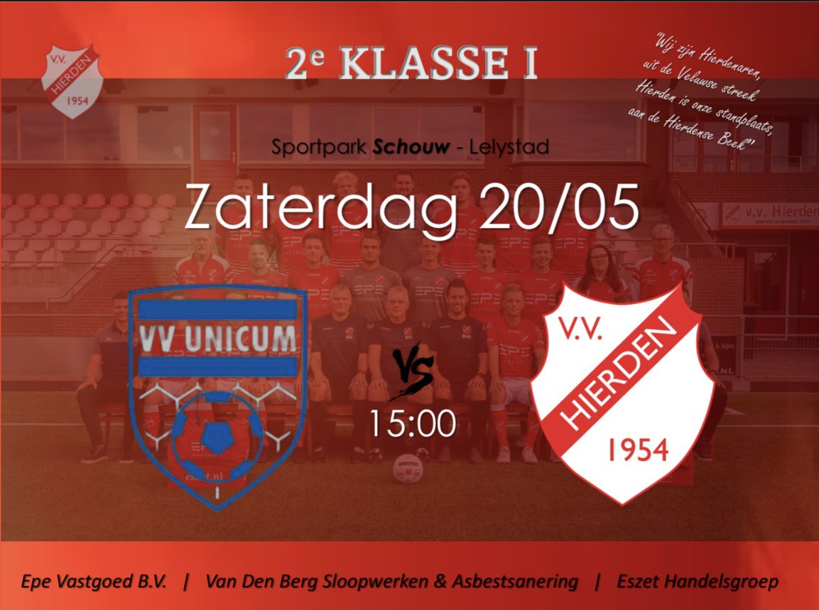 vvhierden's tweet image. PROGRAMMA • Zaterdag speelt Hierden tegen Unicum. Eerder dit seizoen op Mheenzicht was Hierden met 3-1 te sterk voor de Lelystedelingen. Hierden moet ook nu winnen om zicht te houden op de titel‼️#unihie

⚽️ Unicum - v.v. Hierden
🏆 @2eKlasseI
🕒 15:00
🏟️ Schouw
🗣️ W.B. de Jong