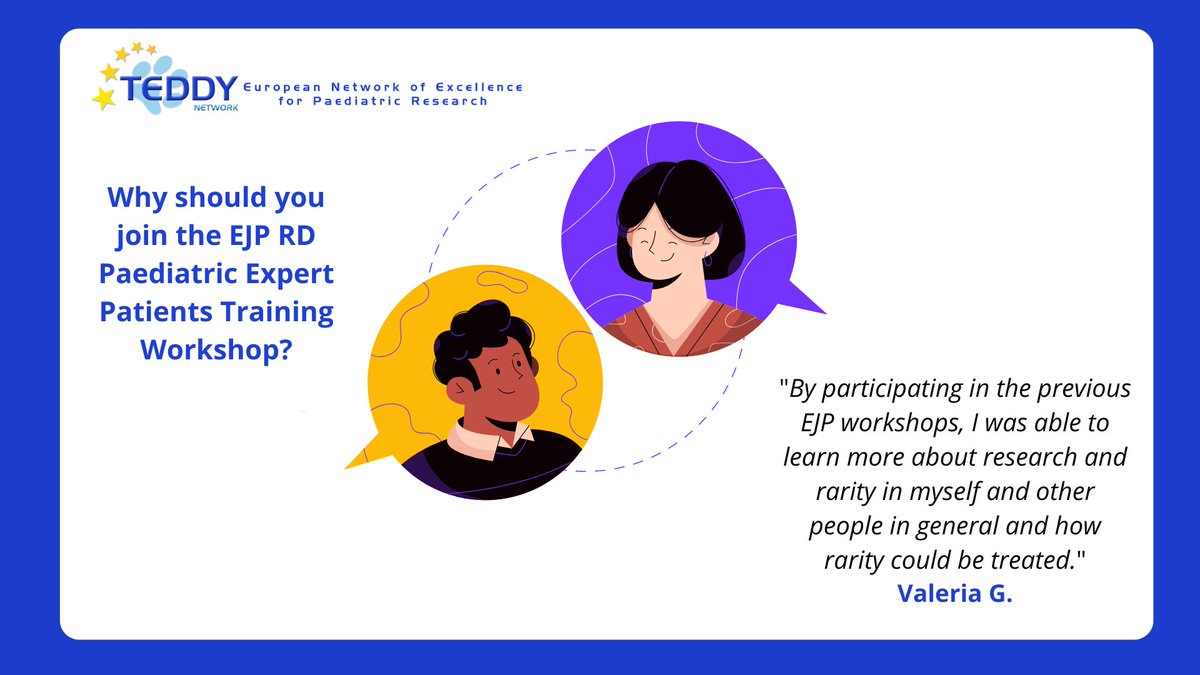 📣Today we share Valeria G. experience at the @EJPRareDiseases Paediatric #expert #patients #Training #workshop. 
📅You have until 31 May to register! 
👀 More info: ejprarediseases.org/event/paediatr…

#RareDisease #Empowerment