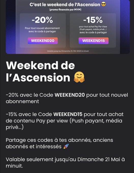 🚨 Alerte PROMO ‼️  🎁 MYM offre -20% sur les abonnements jusqu'au dimanche 21 mai 🤩  Code : WEEKEND20  https://t