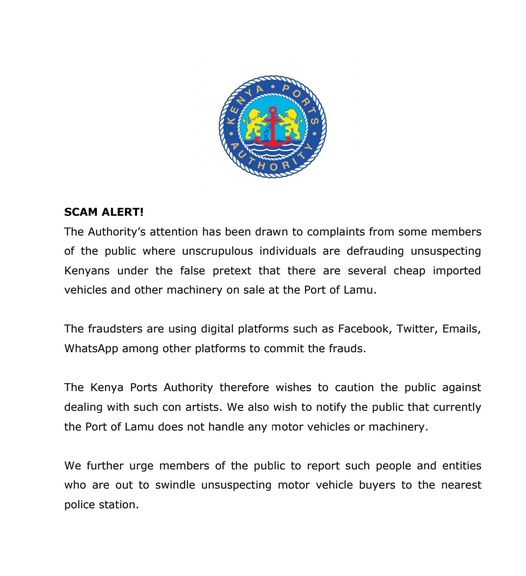 Kenya_Ports's tweet photo. Important notice on suspected scams targeting motor vehicle buyers. https://t.co/4GFDE0qtgL