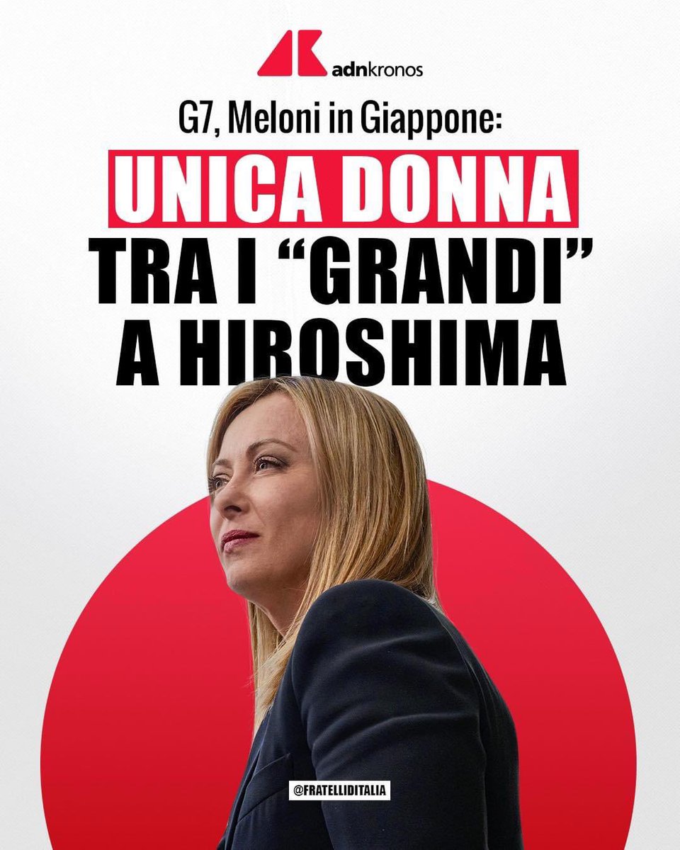 🔵 Il Presidente del Consiglio sarà l'unica donna tra i G7 del Summit di Hiroshima.

C’è più Italia nel mondo con @GiorgiaMeloni.