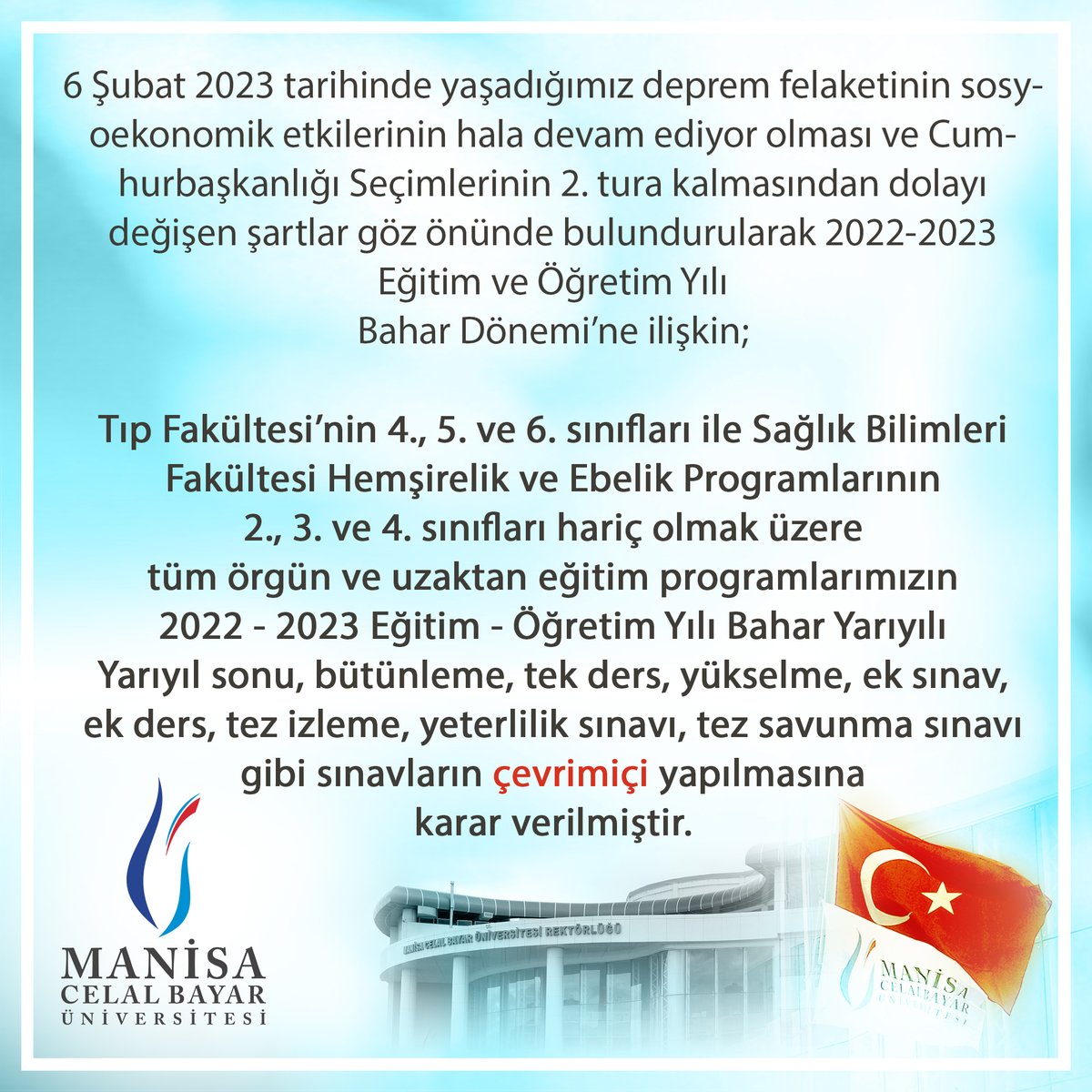 mcbu1992's tweet photo. 2022-2023 Eğitim ve Öğretim Yılı Bahar Yarıyılı Sınavlarına İlişkin
#ManisaCelalBayarÜniversitesi #MCBÜ
#MCBÜsınav #MCBÜsenato #MCBÜyanında #MCBÜöğrenci #sınav https://t.co/yyb3A1JWXN