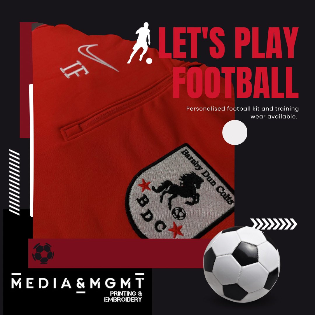 Let’s play football! 

Love this stand out red with the embroidered logo ❤️⚽️

Personalised kit and training wear available, embroider and print all in house. 

#barnbyduncolts  #football #footballkit #trainingtop 
#mediamgmtprintingandembroidery #printing #doncasterisgreat