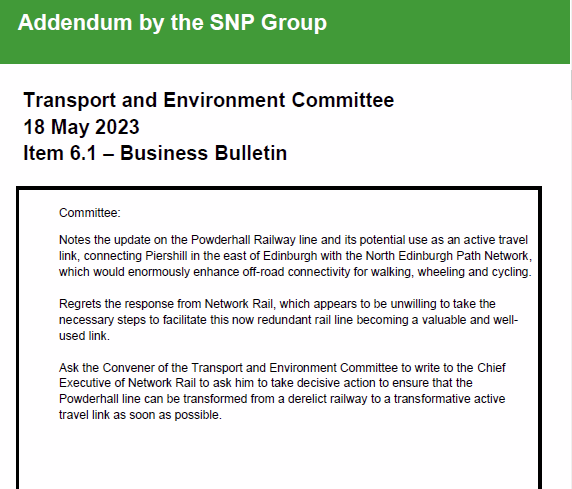 SpokesLothian's tweet photo. #edinwebcast
Discussing #Powderhall disused rail line
Disappointing response from @NetworkRail
Councillor @DAstonSNP amendment seeks more pressure
@CllrScottArthur agrees - will write a 'persuasive' letter to @NetworkRailSCOT
@edfoc @johnrobson87 @james_dalgleish https://t.co/227M5XDDLA