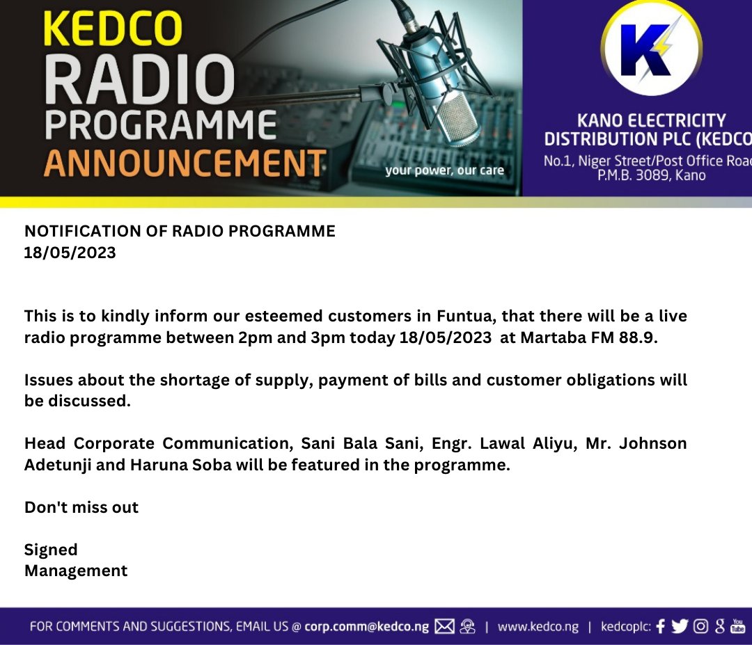 This is for our esteemed customers in Funtua.
Don't miss out!

#KEDCO 
#Empoweringlives