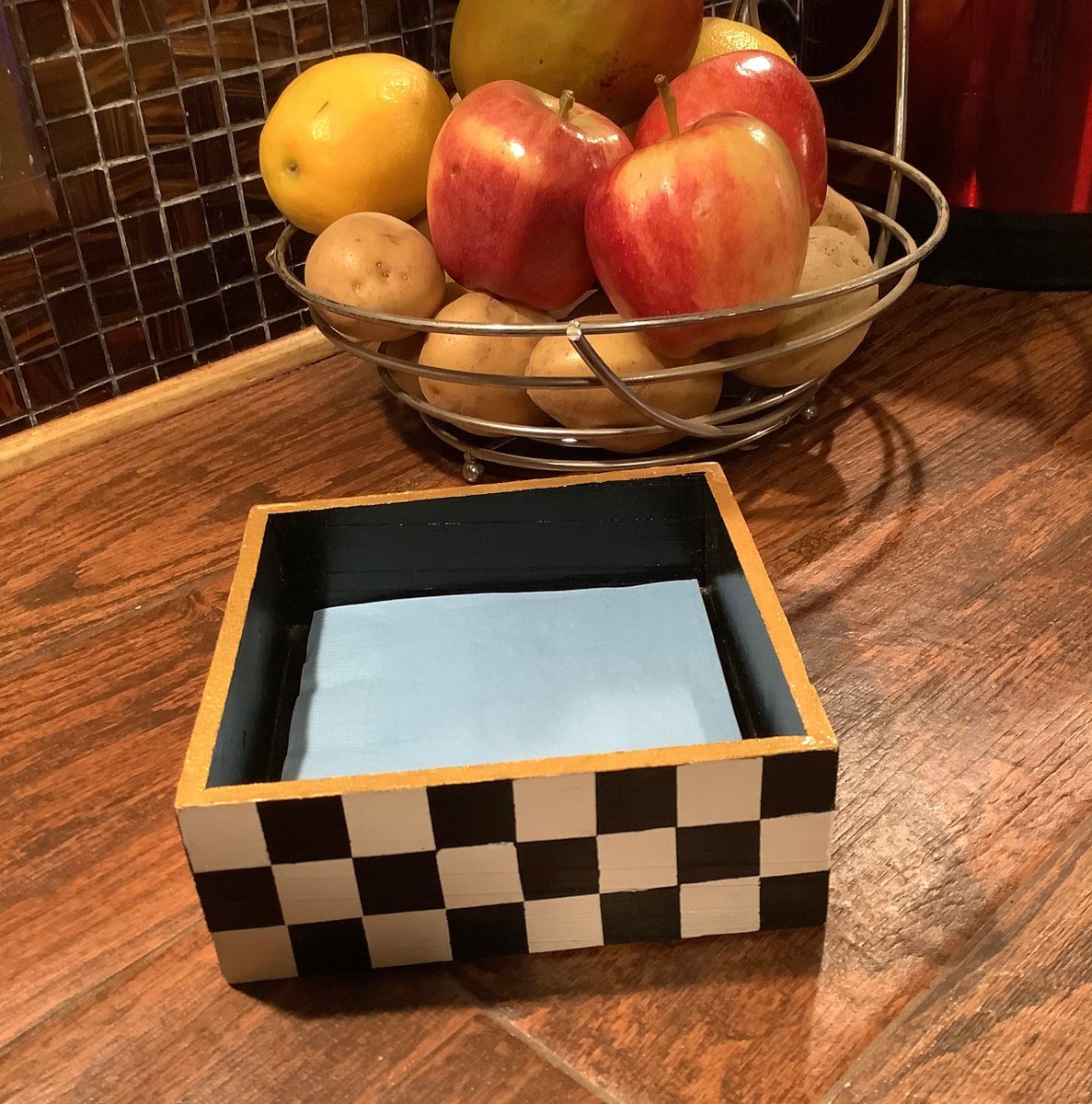 Best #etsy shop: Whimsical Painted Napkin Holder, Black and White Check Design, Table Decor, Kitchen Decor, Wooden Napkin Holder, Made in the USA etsy.me/3pSWZaB #black #housewarming #white #napkinholder #blackaandwhitedecor#airbnbdecor