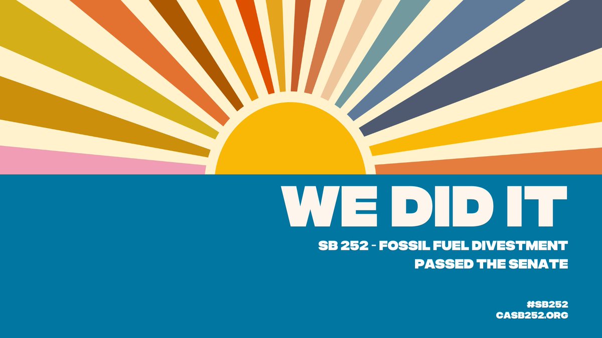 We did it y'all. YOU DID IT!

SB 252, which will divest California's public pensions of over $14 billion in toxic and risky fossil fuel assets PASSED THE SENATE!

Join us and get involved in one of the most transformative bills of 2023: fossilfreeca.org/join