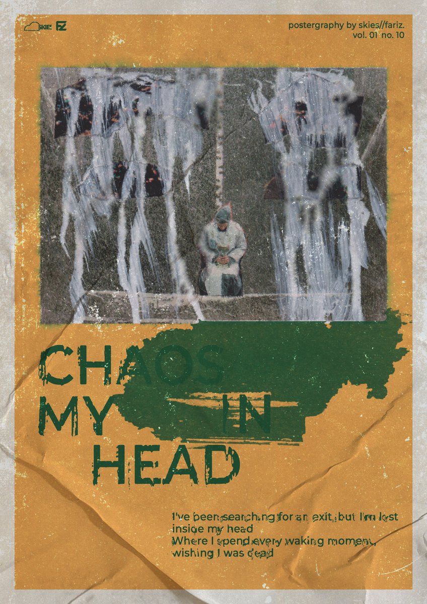 #posterart update 🚨
Postergraphy Vol. 01 No. 10 "CHAOS IN MY HEAD"
Mixed media scanned and edited on digital
©2022 Created by skies//Fariz

2/10 edition left | 0.33 SOL
available on <a href="/exchgART/">Exchange Art</a> 

link below 🔻