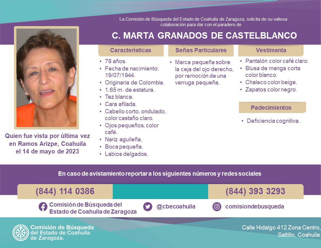 JuanIZavala's tweet photo. Ayudemos a localizar a Marta. Despareció en amos Arizpe, Coahuila, tiene problemas cognitivos y lagunas de memoria. Su  residencia es en San Juan del Río , Querétaro. Si tienen información de ella contactar los números de la ficha. ¡Apoyemos circulando esta información ! https://t.co/rJfwZgdryo