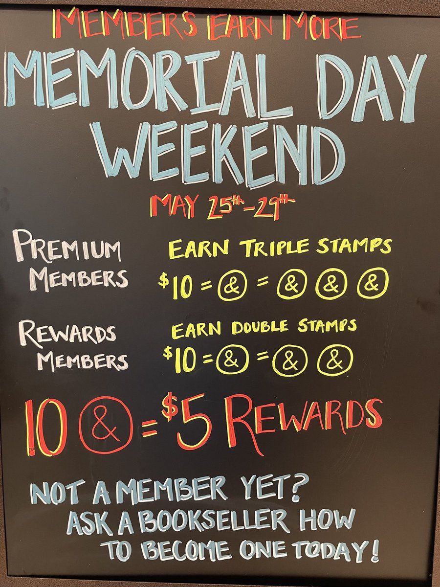 #MembersEarnMore this #MemorialDay Weekend! 

#BNPremiumMembers get 3 stamps for every $10, and #BNRewardsMembers get 2 stamps for every $10. 

Ask a #BNBookseller how to start saving and earning this weekend!

#BNMembership #discounts #newprogram #KansasCity #BNMidwest #ZonaRosa