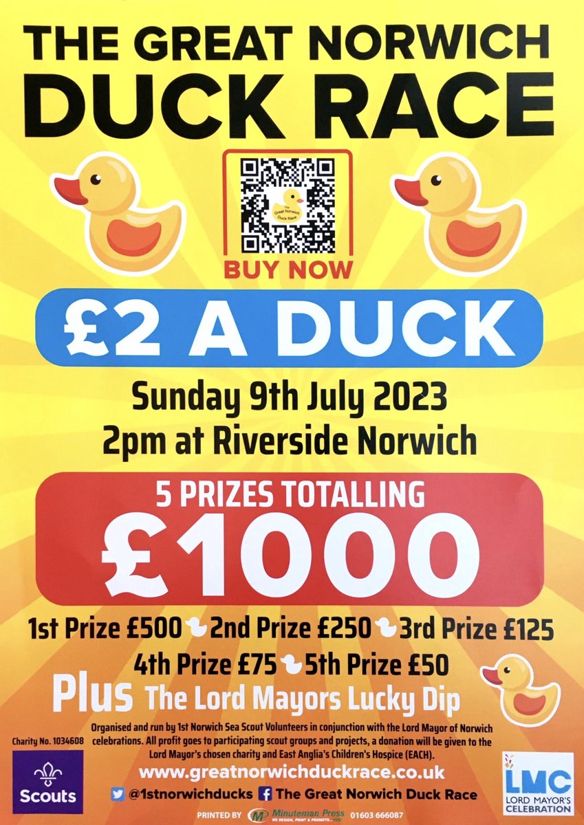 1stnorwichducks's tweet photo. The Great Norwich Duck Race on Sunday July 9th at 2pm from the Julian Bridge, Riverside Norwich. Supporting Scouting in Norwich, The Lord Mayor of Norwich Charity and East Anglian Childrens Hospice https://t.co/g5ntJsfBpk