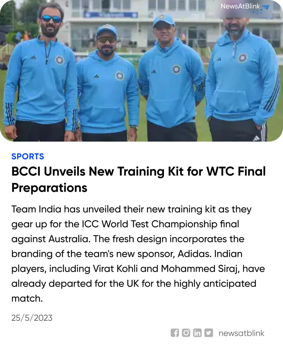 newsatblink's tweet image. #TeamIndia #WTCFinal #TrainingKit #Adidas #PreparationsBegin #Cricket #IndiaVsAustralia #RoadToVictory #bcci #viratkohli #sportsnews

To know more about it refer “timesofindia.indiatimes.com/sports/cricket…"