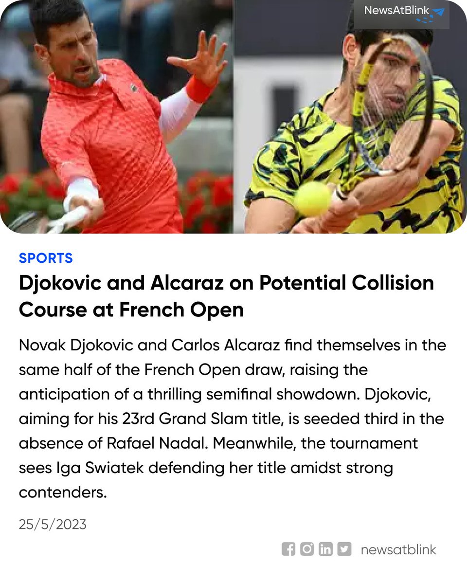 #FrenchOpen #Tennis #Djokovic #Alcaraz #Swiatek #GrandSlam #RolandGarros #ClayCourt #ThrillingMatches #TopContenders #sportsnews

To know more about it refer 'timesofindia.indiatimes.com/sports/tennis/…'