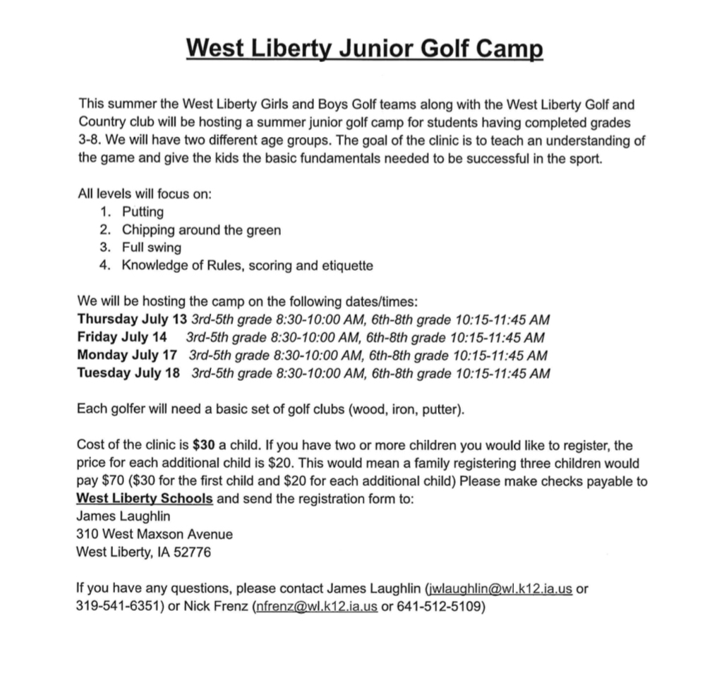 WestLibertyCSD's tweet photo. Fore!!⛳ The West Liberty Boys &amp; Girls Golf teams are holding their annual golf camp for 3rd-8th graders in July this year! See the informational and registration form below. https://t.co/HP1wOd2BNF