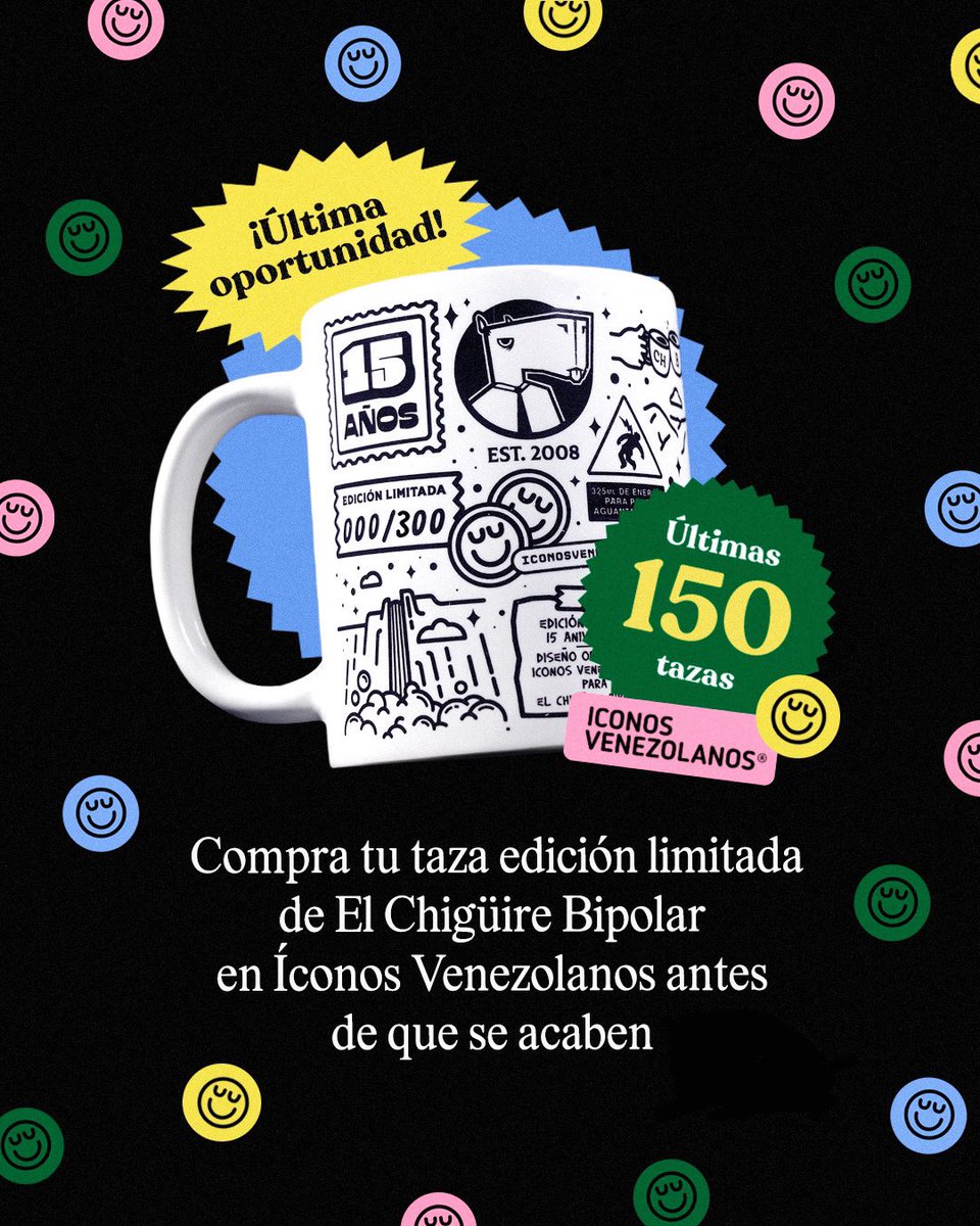 YA SE ESTÁN AGOTANDO LAS TAZAS

Aprovechen que tenemos al pasante haciendo envíos 24/7 y no se queden sin su hermosa, espectacular y magnífica taza aniversario: iconosvenezolanos.com
