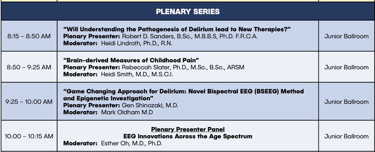 The @AmerDelirium 2023 Annual Conference Program has cutting-edge scientific and clinical sessions - take a look at our bench-to-bedside Plenary Series. Are you registered? americandeliriumsociety.org/wp-content/upl… @ProfRobSanders @nollcampbell @EstherOh_MDPhD