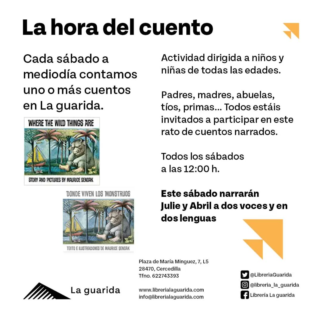 LibreriaGuarida's tweet photo. El sábado vuelve #LaHoraDelCuento 📖🤸♀️
📔#DondeVivenLosMonstruos celebra sus sesenta años y en La guarida lo festejamos con la propuesta de Julie de hacer una narración bilingüe de este clásico de #MauriceSendak, de quien Kalandraka acaba de publicar #ElLagoDeLosChanchos 💜 https://t.co/7TZVvYSO8R