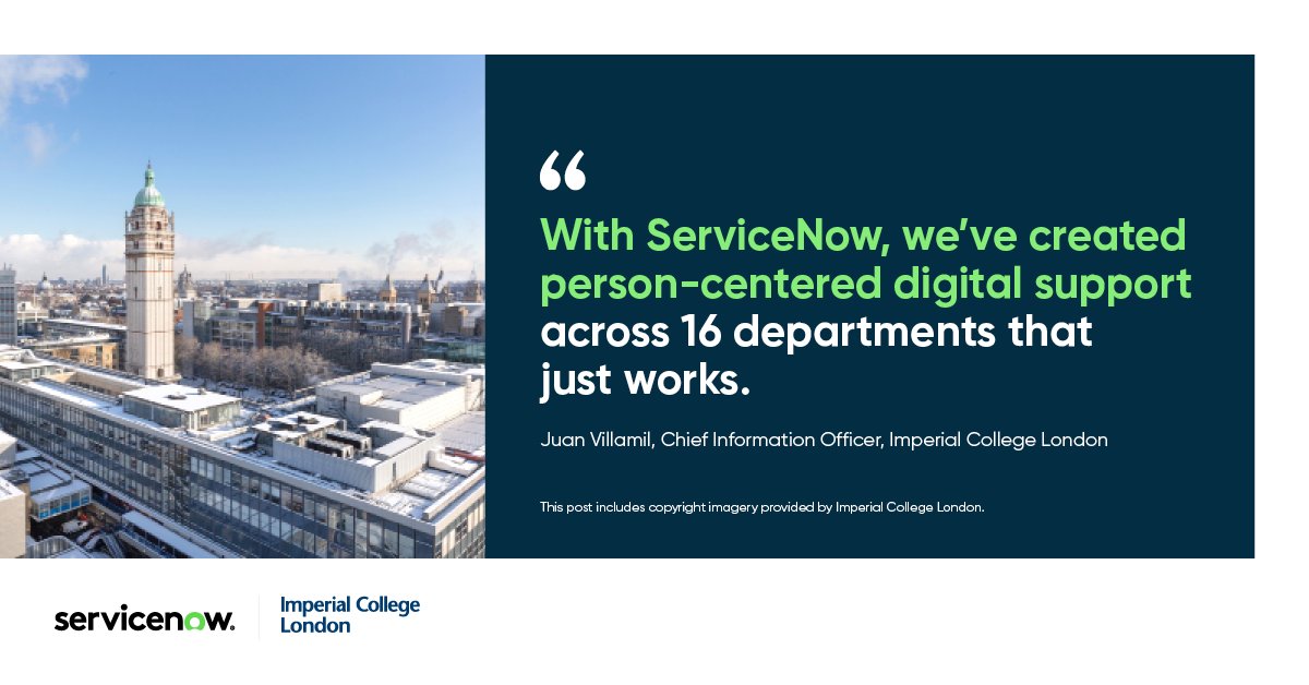 tweet2will's tweet photo. Being customer-centric is core to what Imperial College London does—so ServiceNow was the perfect partner to help manage those relations and deliver an integrated, transparent, and frictionless customer service management platform. https://t.co/UlFvQPHj9x https://t.co/A0JEc2O6h3