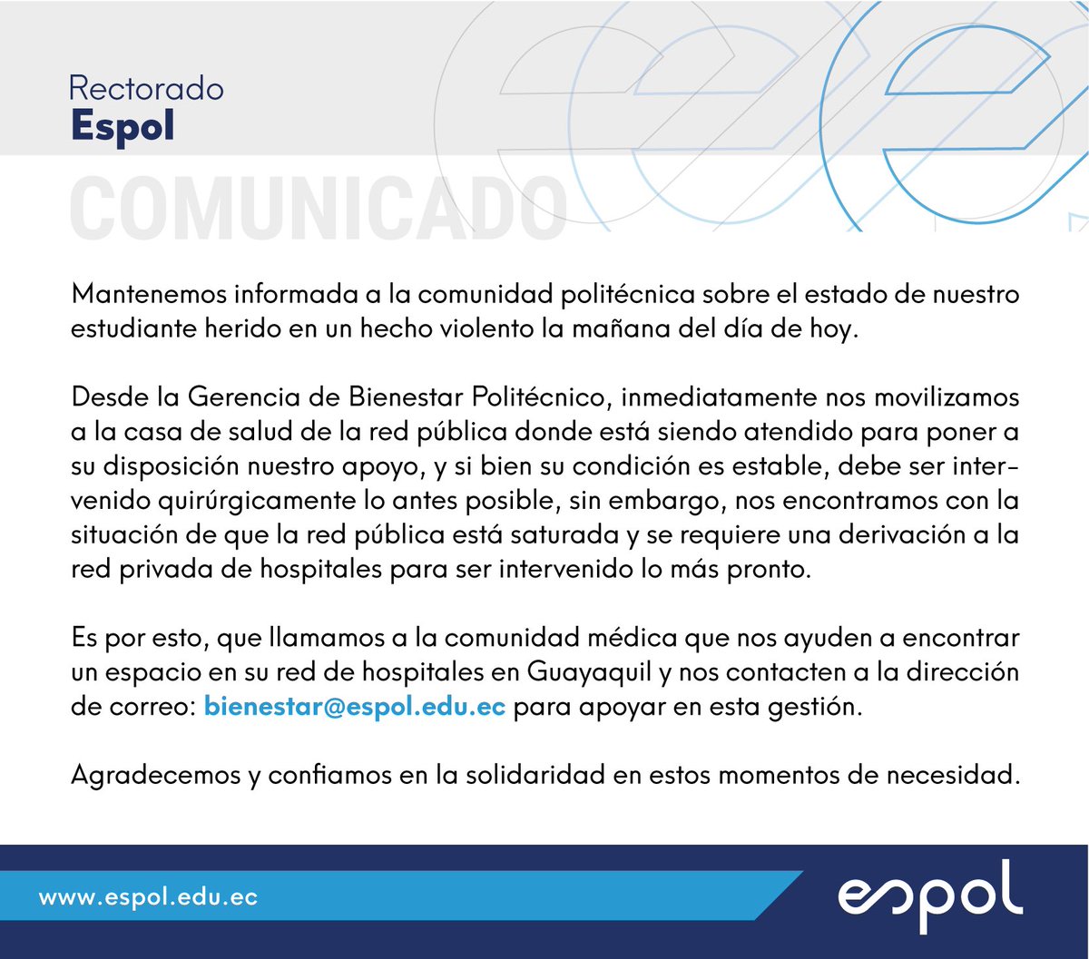 Actualizamos la situación de nuestro estudiante, y apelamos a la solidaridad y apoyo de la red privada de salud de la ciudad.