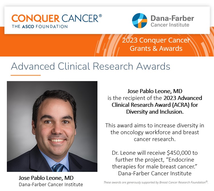 Congratulations to Jose Pablo Leone, MD who received a 2023 @ConquerCancerFd Advanced Clinical Research Award (ACRA) for Diversity and Inclusion! The award aims to increase diversity in the oncology workforce and #breastcancer research. Read more here: ms.spr.ly/6013gbcxd