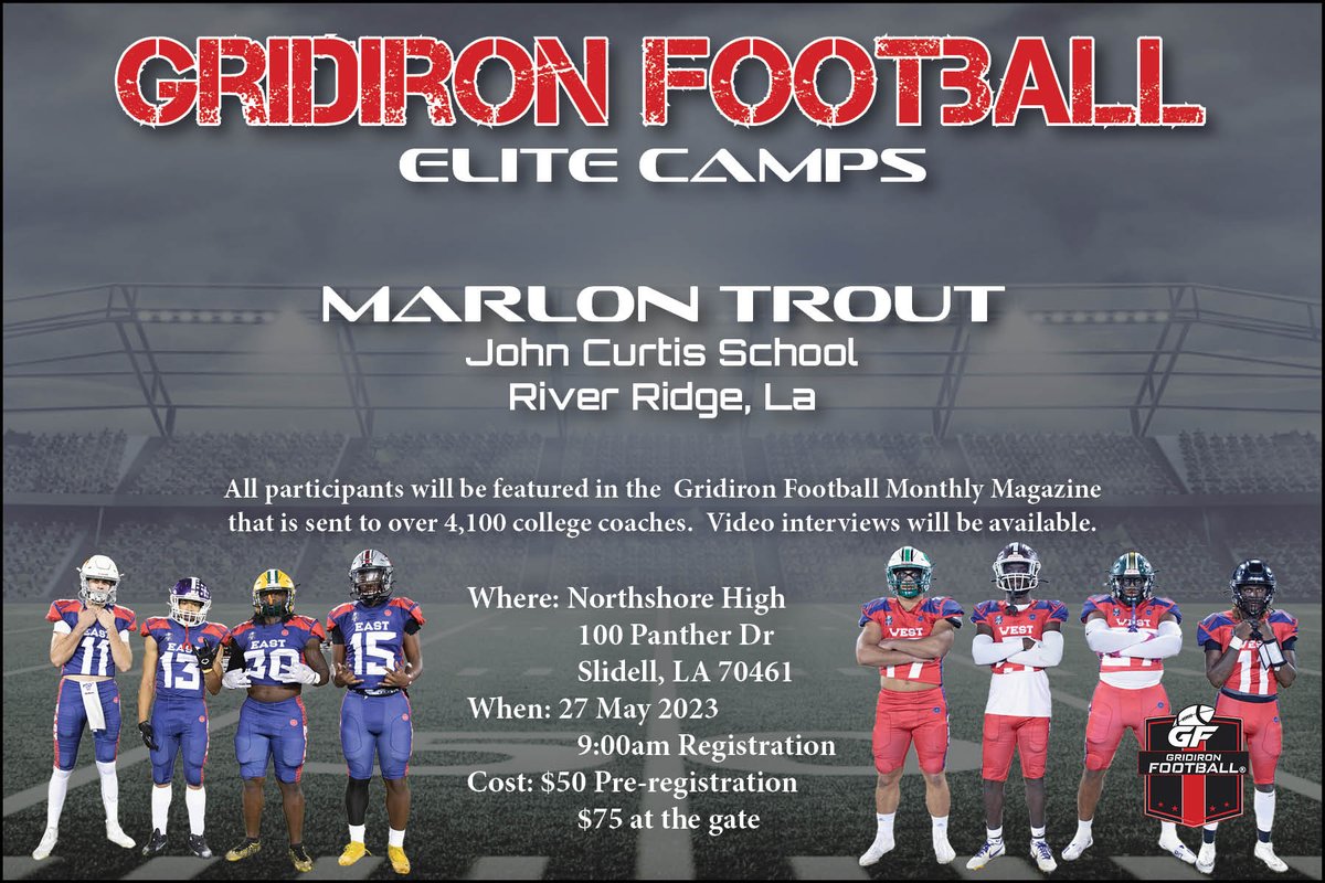 Gridiron Football is hosting a camp in Slidell, La at Northshore High School on May 27th for upcoming 7th graders-Seniors. (Class of 2029-2024). Here is the link to register: form.jotform.com/231285100334140 For more information, visit GridironFootballUSA.com Be in the…